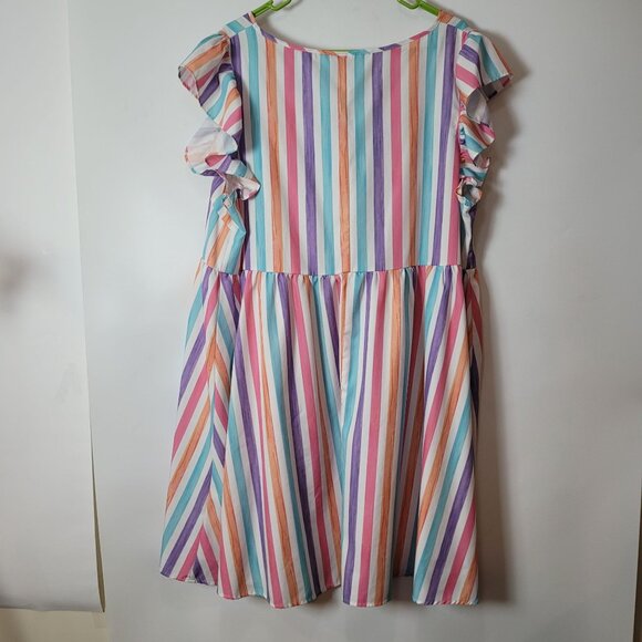 Striped Multi-Color Ruffle Sleeve V-Neck Button Front Swing Dress 3XL By Emery R - Picture 4 of 4